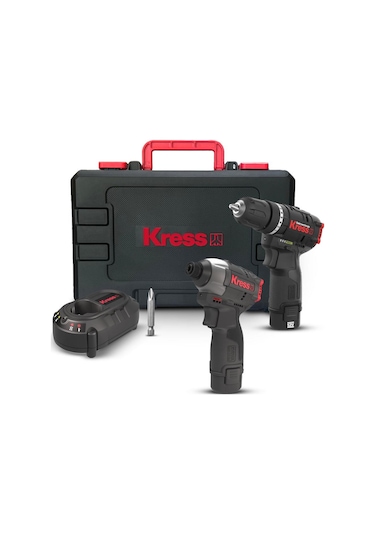 Kress KUG02 12 V 2.0 Ah. Li-ion Çift Akülü Kömürsüz Şarjlı Darbeli Matkap + Kömürsüz Darbeli Tornavida Kombo Set