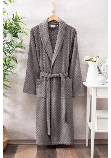 Eumenia %100 Pamuk Plaid Desen Koyu Gri Renk Bornoz Gri