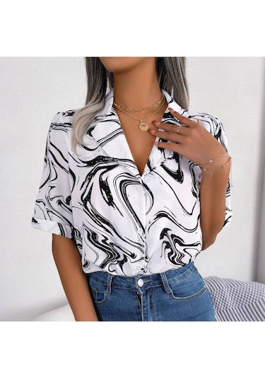 Gmxıa Kadın Modası Rahat Kısa Kollu Takım Yaka Bluzlar Ve Gömlekler Renk Kontrastı Bol Gömlek Haki