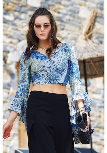 Los Banditos İspanyol Kol Crop Bluz Mavi Babil