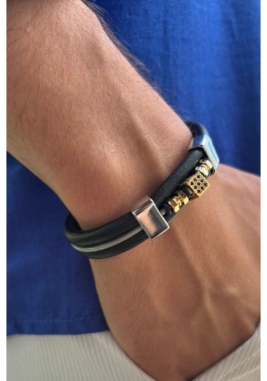 Zirkon Taşlı El İşçiliği İle Üretilmiş Hakiki Deri Erkek Bileklik Siyah - Altın