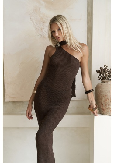 Kamalas Asimetrik Triko Kahve Uzun Elbise Kahve