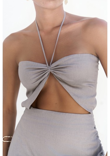 Mai Collection Abrossa Boyundan Bağcıklı Asimetrik Füme Keten Elbise Füme