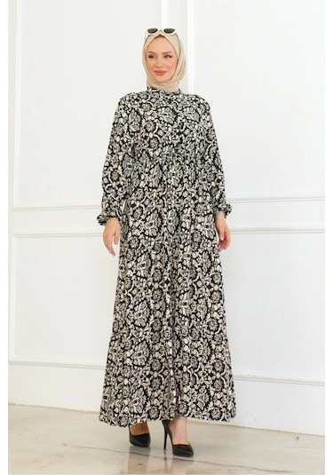 Viskon Elbise Bağlamalı - Siyah/krem Siyah/krem Siyah - Krem