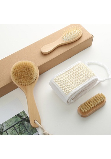 Vkemall Banyo Fırçalama Seti 4 Parça - Saksafras Göğüs Fırçası + Tarak + 2 Adet Temizleme Fırçası