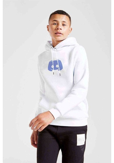 Discord Simge Logo Baskılı Unisex Çocuk Kapüşonlu Beyaz Sweat