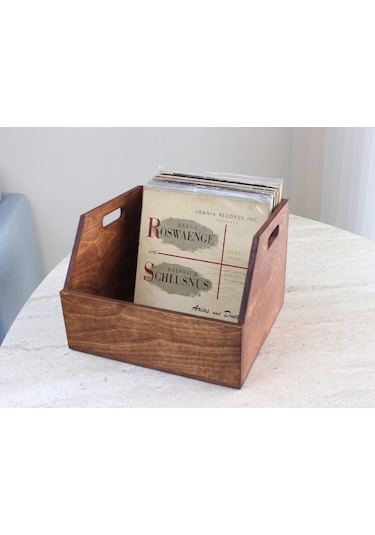 Ahşap Lp Plak Sandığı - Organizer Kutu Kestane Rengi - Wooden Lp Record Box Koyu Kırmızı