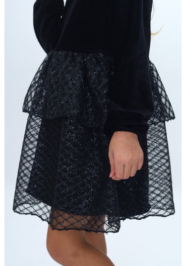 Toontoy Kız Çocuk Kadife Kat Kat Fırfır Detaylı Elbise Siyah