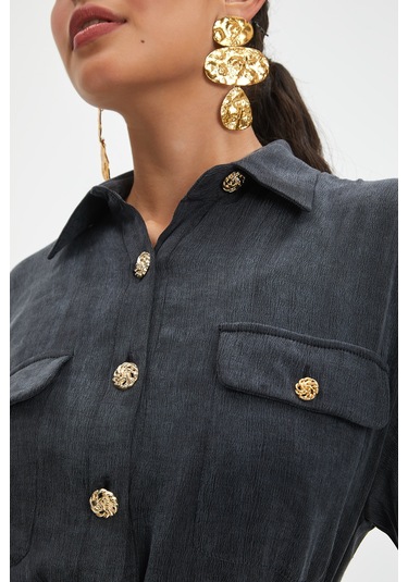 Kadın Düğme Detaylı Kemerli Elbise - Cep Tasarımlı, Modern Ve Rahat Stil - Günlük Ve Şık Kullanımlar İçin Elbise Siyah