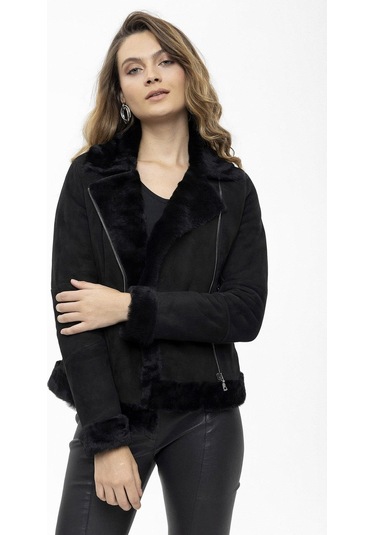 Violet Siyah Fermuarlı Biker Kadın Hakiki Kürk Mont-siyah Siyah
