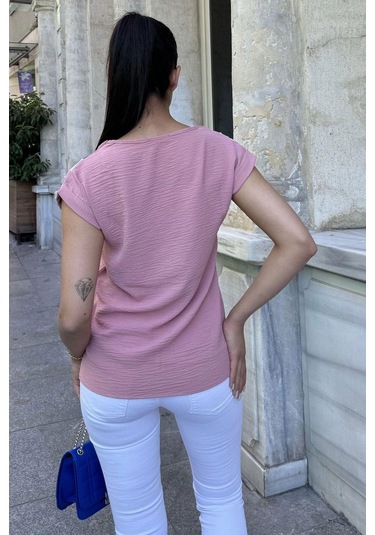 Kadın Pudra V Yaka, Kısa Kol, Color Block Detaylı Salaş Airobin Bluz Pudra