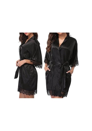 Sones Yarım Kollu Bornoz Kadın Sahte İpek Pijama Gece Elbisesi Siyah