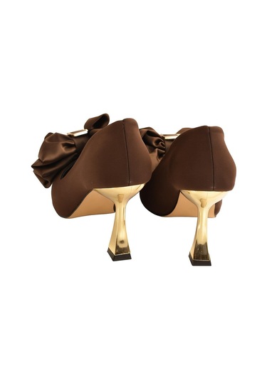 Kadın Gold Topuk Saten Fiyonk Detaylı Topuklu Ayakkabı Kahverengi