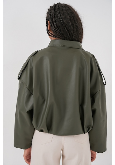 Kadın Oversize Deri Ceket 1055 - Haki Haki