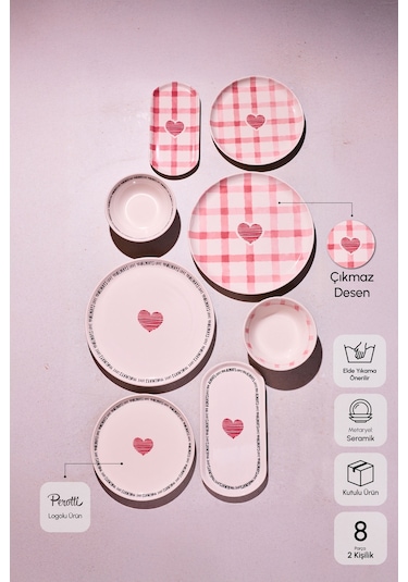 Hearts 8 Parça 2 Kişilik Yemek Takımı Cokrenklı Desenli