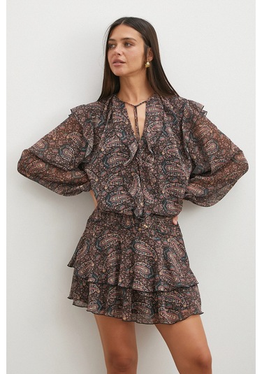 Uterpe Paisley Desenli Fırfırlı Gömlek Siyah