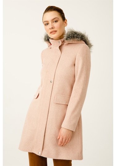 Yün Kumaş Fermuar Kapamalı Kapişonlu Kaban Pudra-pudra Pudra