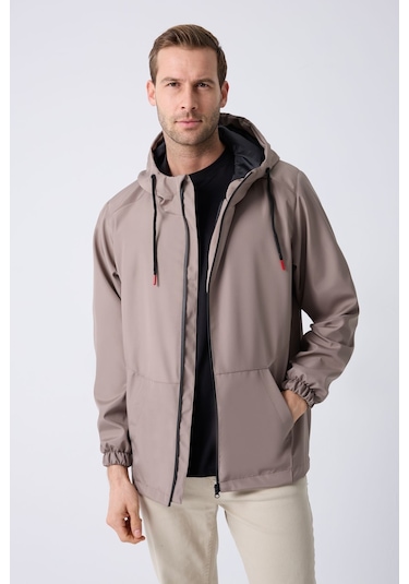 Freemen Erkek Vizon Astarlı Kanguru Su Ve Rüzgar Geçirmez Kapüşonlu Yağmurluk Vizon