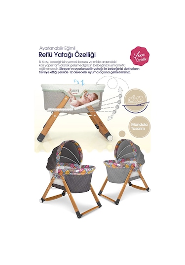 Kiwi Sleeper Anne Yanı Reflü Ayarlı, Tekerli, Katlanır Ahşap Beşik - Antik Bohem Desenli