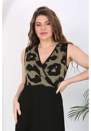 Kadın Siyah Haki Tiger Desen Bloklu Biye Detay Kruvaze Elbise-haki Haki