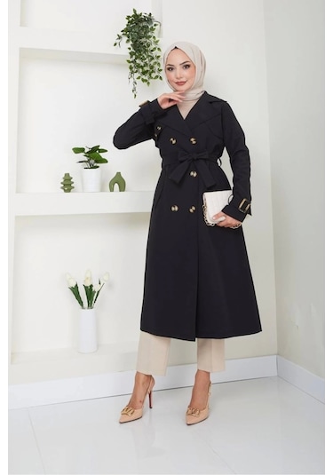 Pamuklu Bondit Kumaş Trençkot / M0105 - Siyah Siyah