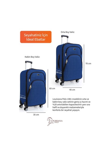 Orta Ve Kabin Boy Valiz Seti 4 Teker Kumaş Valiz Saks Mavi 1081 Mavi