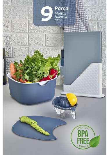 9'lu Mutfak Hazırlık Seti - Dik Standlı Kulplu Kesme Tahtası Karıştırma Kabı Süzgeç Limon Sıkacağı Mavi