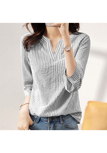 Zanzea Yaz Günlük V Yaka 3/4 Kollu Kadın Çizgili Bluz Siyah
