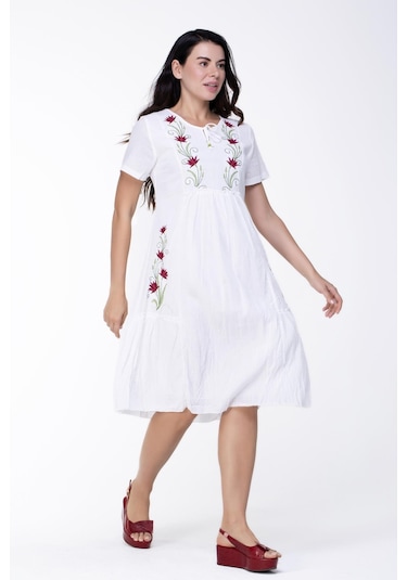 Kısa Kol Şile Bezi Lalezar Nakışlı Midi Boy Elbise Beyaz Byz-beyaz