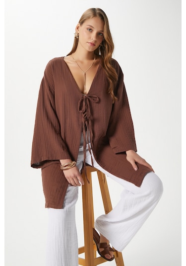 Ritnice Kadın Sandra %100 Pamuk Müslin Bağcıklı Kahvrengi Kimono