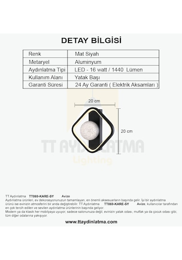 Tt069-kare-sy Tt Aydınlatma Toplu Mat Siyah 3 Renk Ledli Aplik Siyah