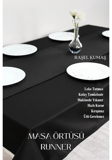 Smooth Set Masa Örtüsü Ve Runner Seti Sofra Bezi Çeyiz Seti Masa Örtüsü Ve Runner Siyah