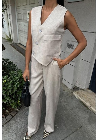 Yeleği Çapraz Detay Düğmeli Cepli Yelekli Takım 10150 Altın