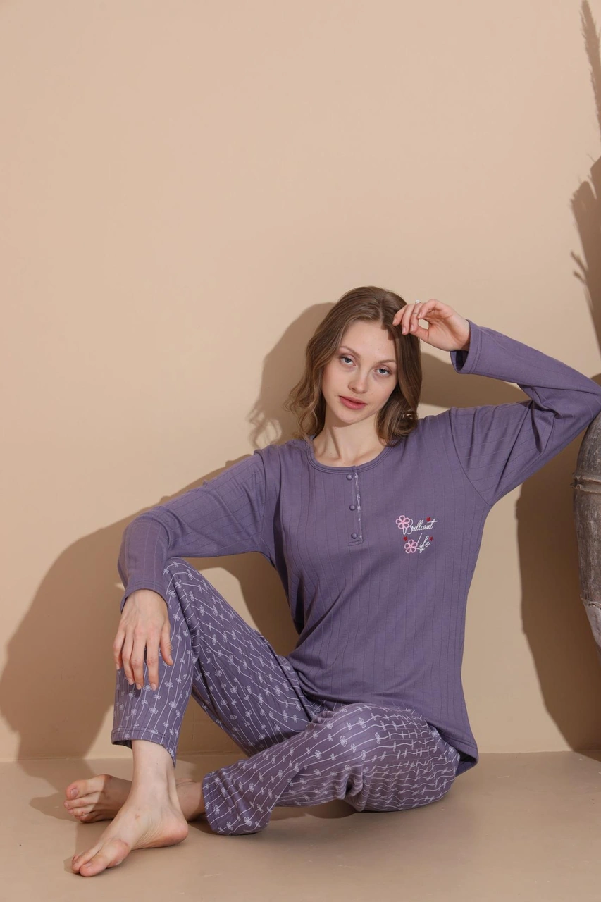 Lindros Kadın Pamuk'lu Düğme Yaka Raporlu İnterlok Kışlık Pijama Takımı 05040 - 1 Adet Mor