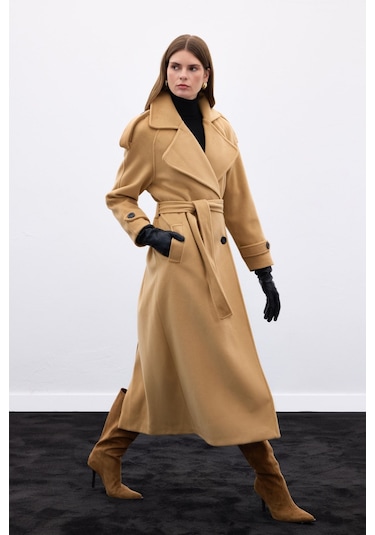 Sateen Geniş Yaka Uzun Kaban - Camel-136666 Camel