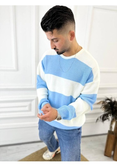 Kazak Oversize Tüylenmez Naturel Pamuk Örme Triko Kazak Mavi