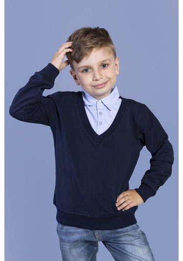 Toontoy Erkek Çocuk Gömlek Yaka Okul Sweatshirt Siyah