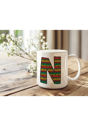 N Harfi Etnik Desenli Kupa - Afrika Tarzı Kahve Çay Kupası - Hediyelik - Black History Beyaz