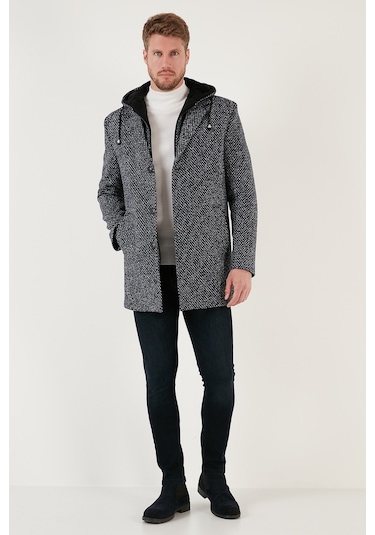 Buratti Çıkarılabilir Kapüşonlu Kırçıllı Slim Fit Kaşe Erkek Kaban 5841013 Lacivert Noktalı