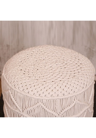 Makrome Tabure Puf & Stools - Doğal Teak Gövde 33x48 Cm Beyaz