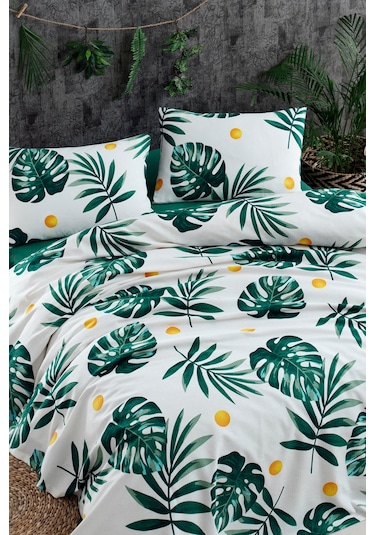 Doğal Pike Baskılı Mega King 230x260cm Monstera Yeşil Yeşil