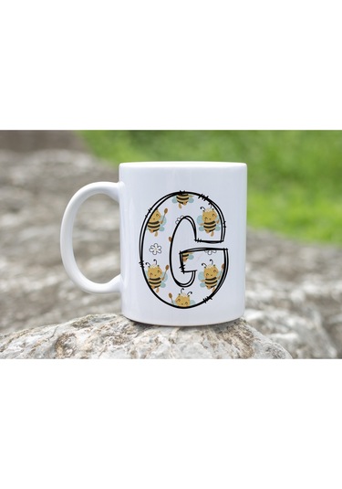 G Harfi Arı Desenli Kupa - Sevimli Hayvan Temalı Kişiye Özel Kahve Kupası - Şans Kupası Beyaz