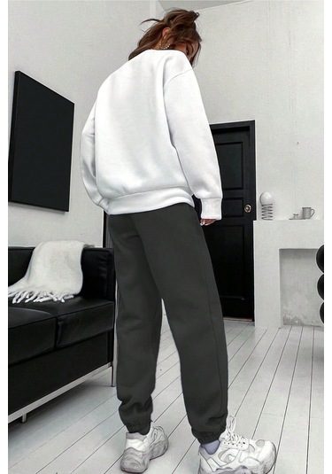 Modagen Kadın Antrasit Beyaz Brooklyn Baskı Oversize Bisiklet Yaka Alt Üst Eşofman Takımı Antrasit-beyaz