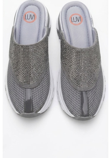 Luvishoes Glea Gri Taşlı Fileli Burnu Kapalı Kadın Terlik