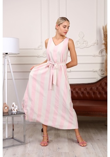 Aymeravm - Kemerli Çizgili Kalın Askılı Kadın Elbise - Mas0506Ga