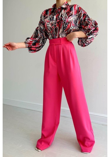 Beli Lastikli Saten Gömlek - Fuşya Karışık Çok Renkli