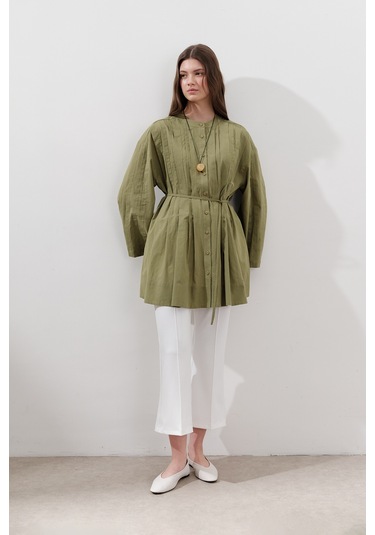 Nervürlü Geniş Kollu Tunik Yeşil Yeşil