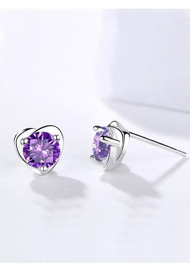 Brezza Lusso Jewelry Ametist Taşı Kalp Kadın Gümüş Kolye Küpe Seti 45 CM