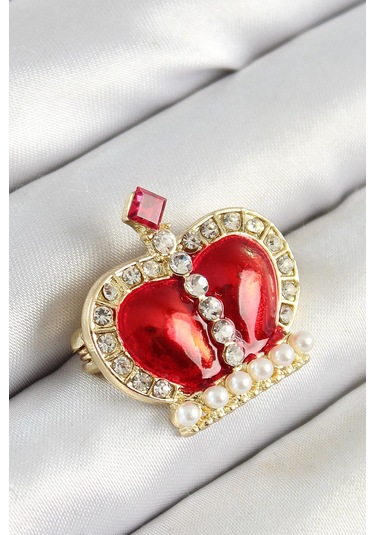 Zirkon Taşlı İnci Detaylı Kırmızı 3d Kraliçe Taç Figürlü Gold Renk Kadın Broş Çok Renkli