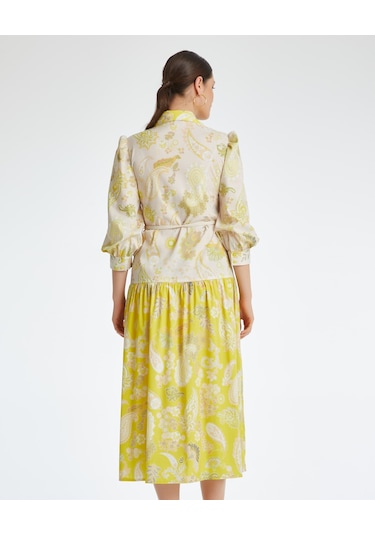 Desenli Kadın Gömlek Elbise - Cepli - Kemerli - Günlük Kullanım İçin Elbise Sarı